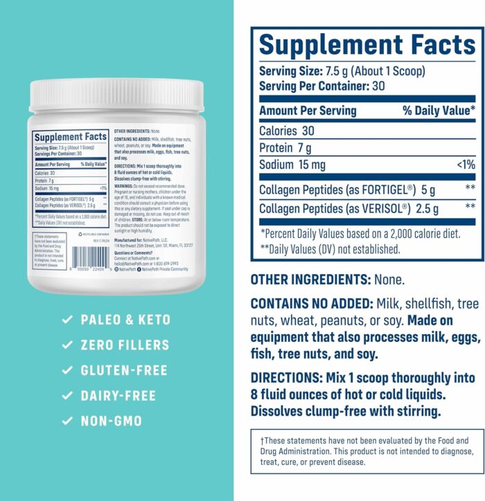 NativePath Joint Health Collagen Peptides, Type 1 & 3 Peptides, with Fortigel and Verisol, 7.9 Ounce, 30 Servings - Image 3