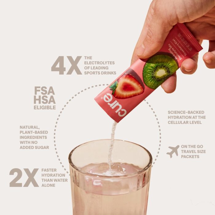 Cure Hydration | Plant-Based Electrolyte Drink Mix | No Added Sugar | FSA & HSA | Dehydration Relief Powder Made with Coconut Water | Non-GMO | Vegan | Pouch of 14 Packets - Strawberry Kiwi - Image 4