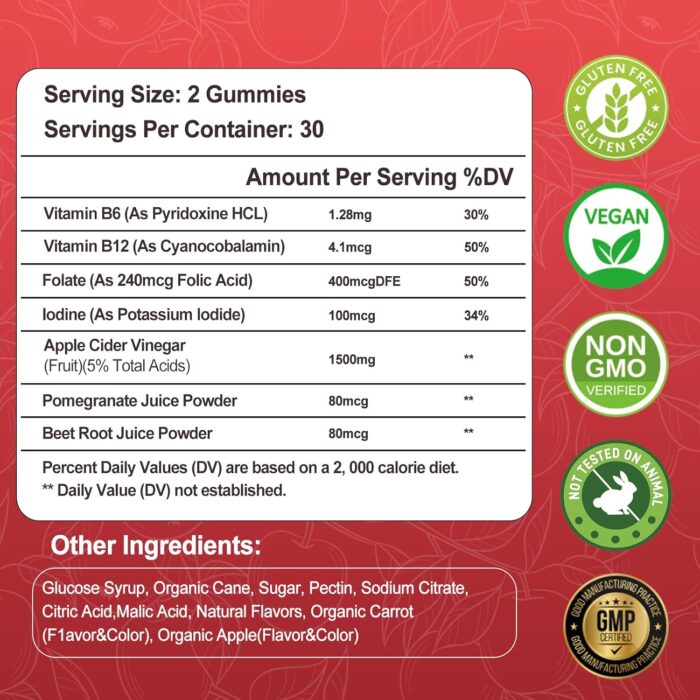 Keto Apple Cider Vinegar Gummies, Keto ACV Gummy Diet Supplement, Advanced 1500mg ACV Gummies with Folate, B12、B6 and Keto Support for Women Men, Gelatin- Free, Vegan & Non-GMO (Multi-Flavor) - Image 3