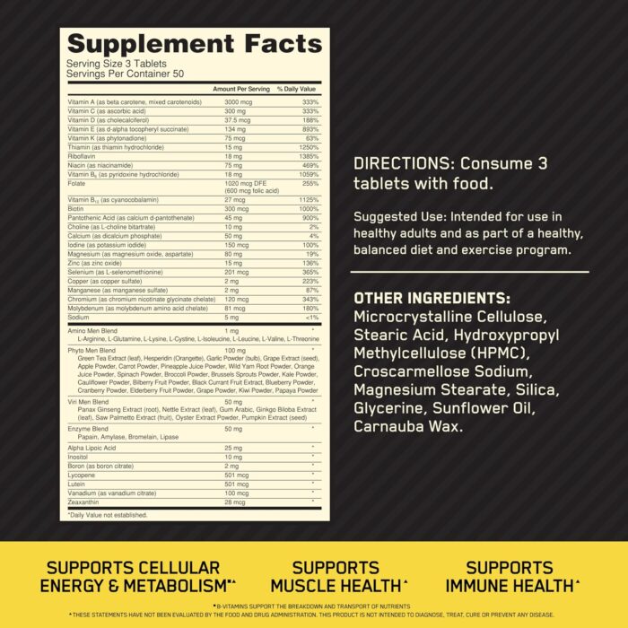 Optimum Nutrition Opti-Men, Vitamin C, Zinc and Vitamin D, E, B12 for Immune Support Mens Daily Multivitamin Supplement, 150 Count (Packaging May Vary) - Image 3