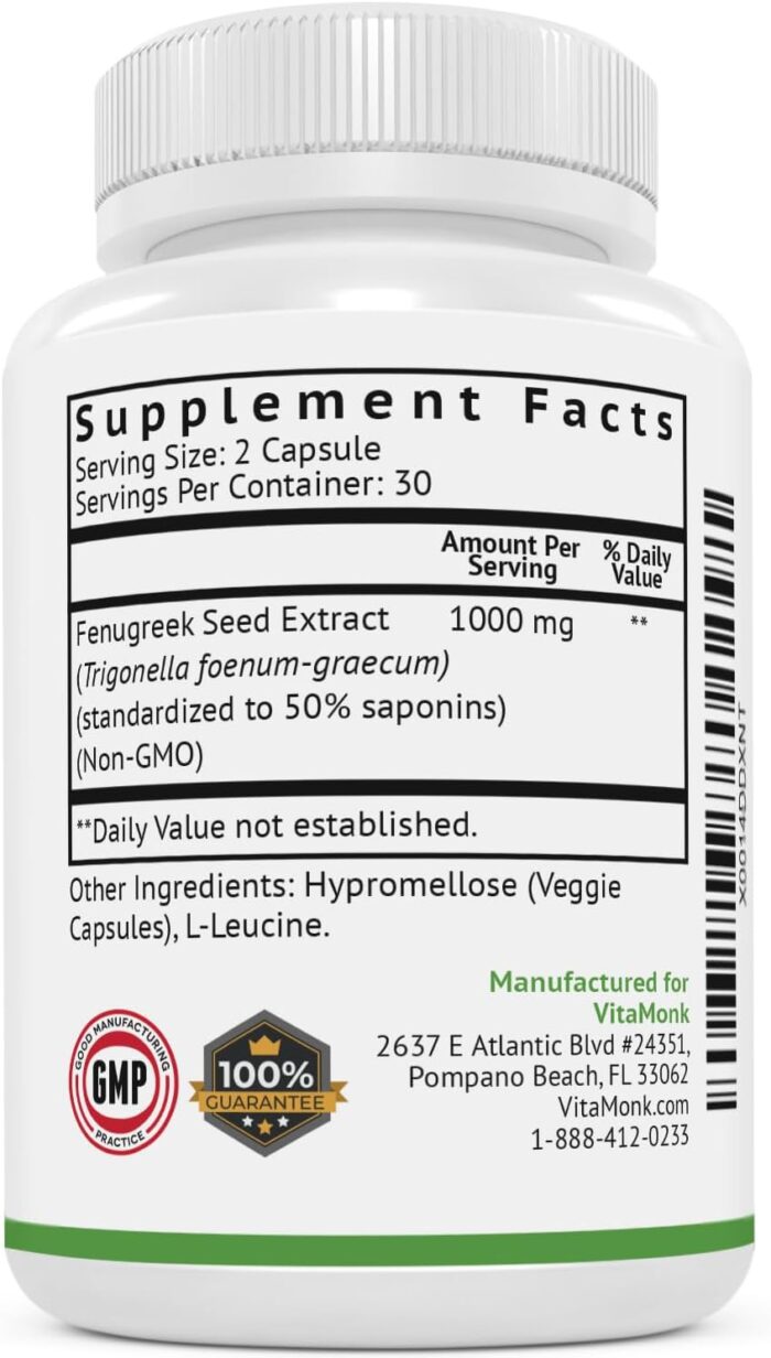 VitaMonk FenuTrax™ Fenugreek Extract Powerful 50% Fenugreek Seed Extract Standardized for Fenuside - High Furostanol Glycoside and Saponin Content When Compared to Testofen - 60 Capsules - Image 5