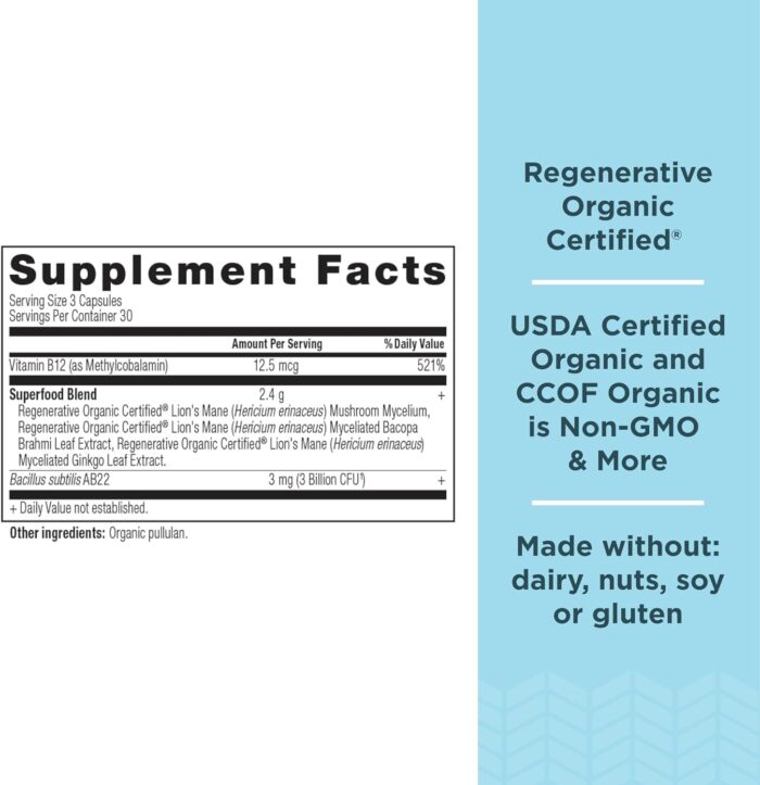 Ancient Nutrition Regenerative Organic Certified Focused Brain Capsules, Made with Ginkgo Leaf, Lion's Mane to Help Reduce Stress, Gluten Free, Paleo and Keto Friendly, 90 Count - Image 3