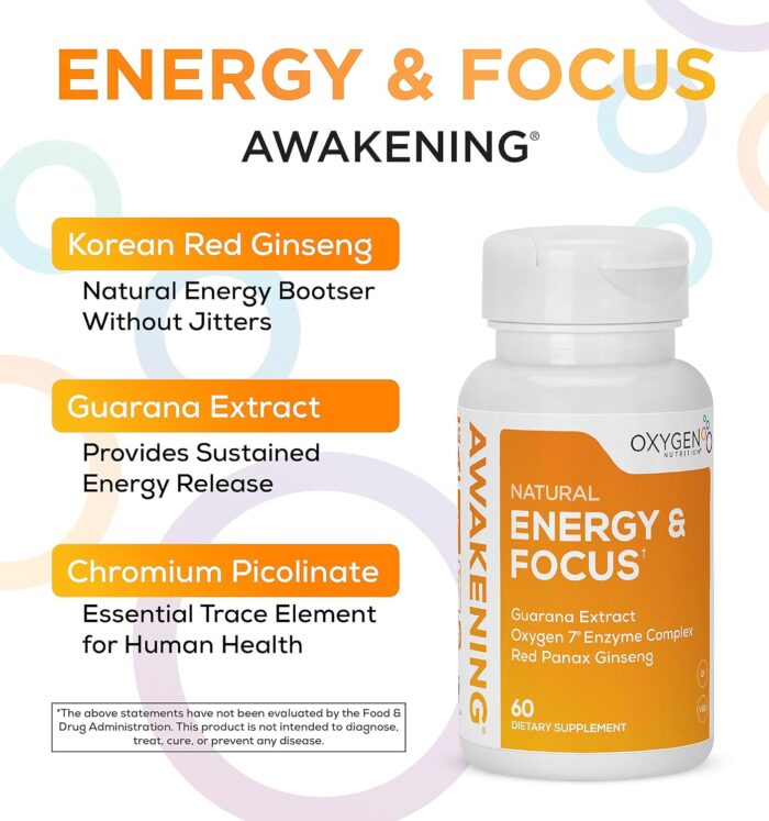 Awakening Natural Energy & Focus Nootropic Supplement with Panax Ginseng, Guarana Extract & Chromium Picolinate | Brain Supplement for Focus, Energy, Mood & Clarity | Gluten Free Veggie, USA - 60 Caps - Image 4