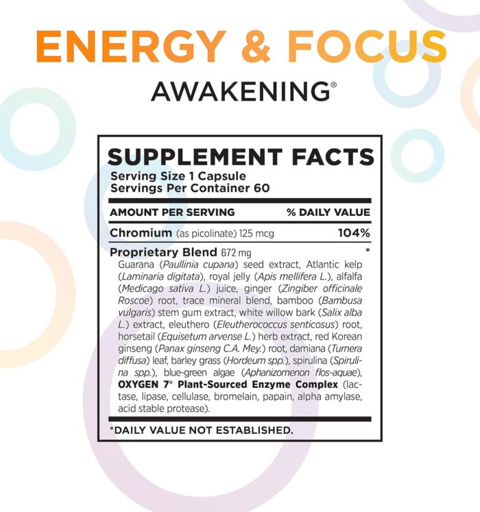 Awakening Natural Energy & Focus Nootropic Supplement with Panax Ginseng, Guarana Extract & Chromium Picolinate | Brain Supplement for Focus, Energy, Mood & Clarity | Gluten Free Veggie, USA - 60 Caps - Image 7