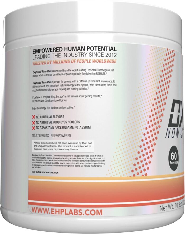 EHP Labs OxyShred Non Stimulant Pre Workout Powder - Stim Free Pre Workout, Caffeine Free Preworkout for Men & Women with L Glutamine & Acetyl L Carnitine - Peach, 60 Servings - Image 3