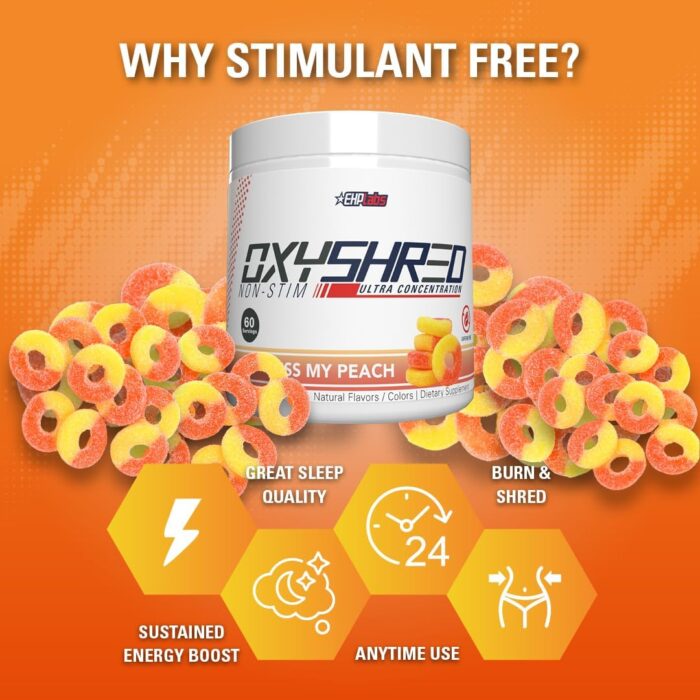 EHP Labs OxyShred Non Stimulant Pre Workout Powder - Stim Free Pre Workout, Caffeine Free Preworkout for Men & Women with L Glutamine & Acetyl L Carnitine - Peach, 60 Servings - Image 6