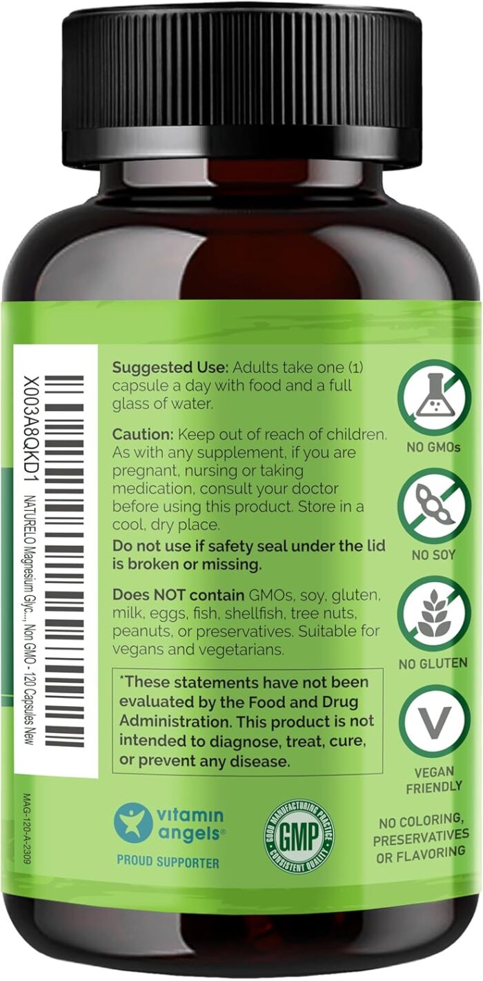 NATURELO Magnesium Glycinate Chelate Complex - 200 mg Magnesium with Organic Vegetables to Support Sleep, Calm, Muscle Cramp & Stress Relief - Gluten Free, Non GMO - 120 Capsules - Image 3