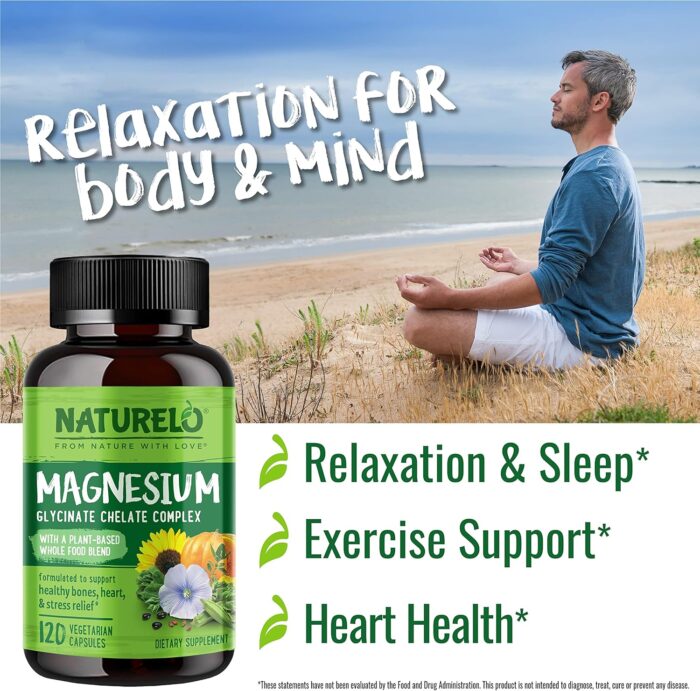NATURELO Magnesium Glycinate Chelate Complex - 200 mg Magnesium with Organic Vegetables to Support Sleep, Calm, Muscle Cramp & Stress Relief - Gluten Free, Non GMO - 120 Capsules - Image 8