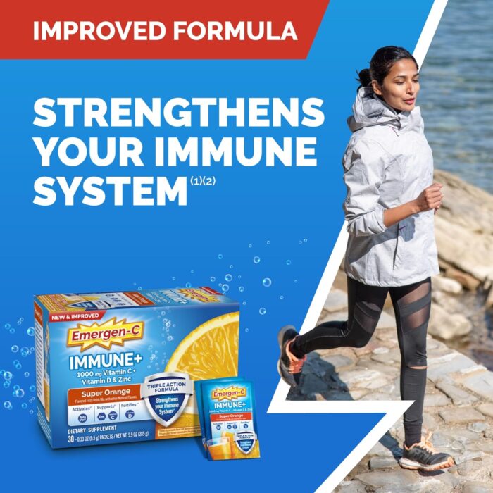 Emergen-C Immune+ Triple Action Immune Support Powder, BetaVia (R), 1000mg Vitamin C, B Vitamins, Vitamin D and Antioxidants, Super Orange – 50 Count - Image 3