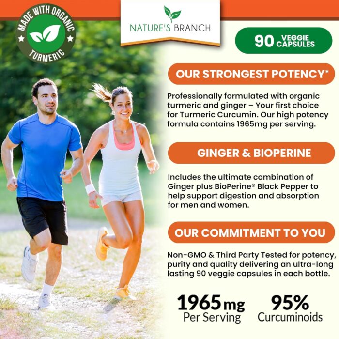 Turmeric and Ginger Supplement | Organic Powder & BioPerine 1965mg | Joint Support with Black Pepper Extract and Curcumin | Made in USA, Vegan, Non GMO Pills | Extra Strength 90 Capsules - Image 3