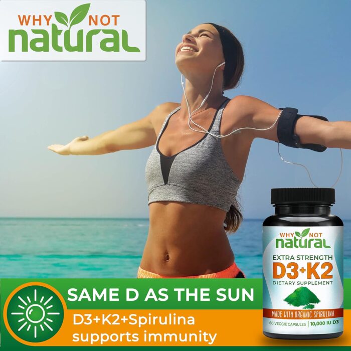 Why Not Natural Vitamin D3 K2 (MK-7) with Organic Spirulina, 10000 IU Extra Strength Supplement in Veggie Capsules, Supports Bone Health, Immune System and Mood - Image 4