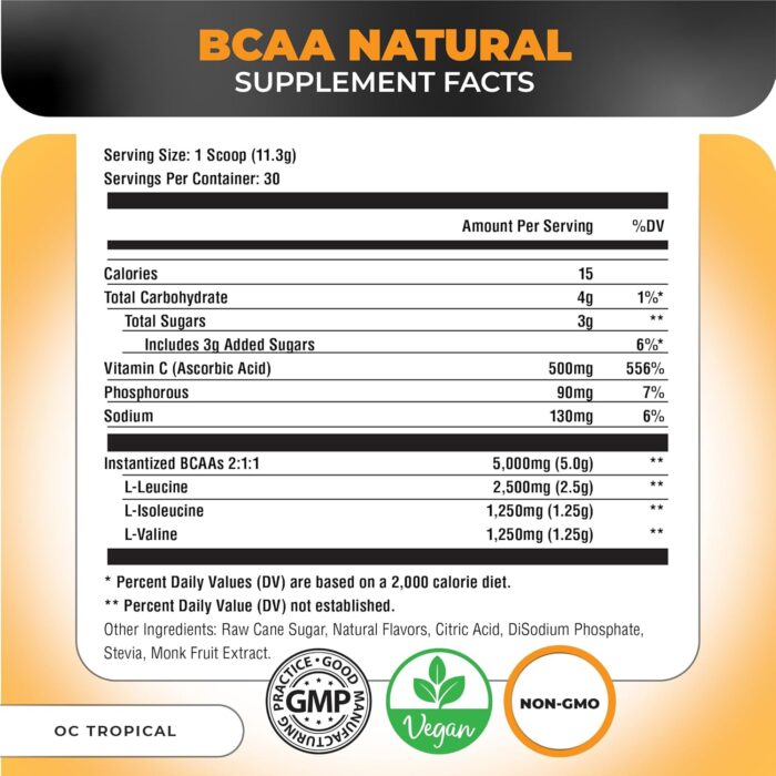 Nutrology BCAA Natural - Plant Based BCAA Powder, Orange Coconut Flavor, Optimized 2:1:1 Ratio Amino Acids Powder for Pre Workout & Post Workout Recovery, Vegan, Gluten-Free, Non-GMO, 30 Servings - Image 3