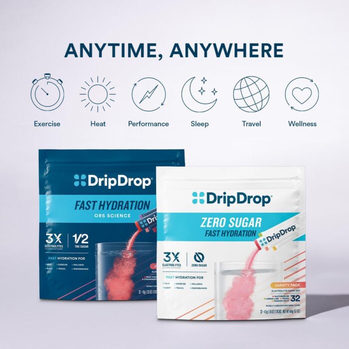 DripDrop Sugar Free Hydration Packets - Zero Classic Variety Pack - Single Serve Electrolytes Powder Drink Mix - Lemon Lime, Watermelon, Peach, Passion Fruit - Non-GMO, Gluten Free, Vegan - 32 Sticks - Image 10