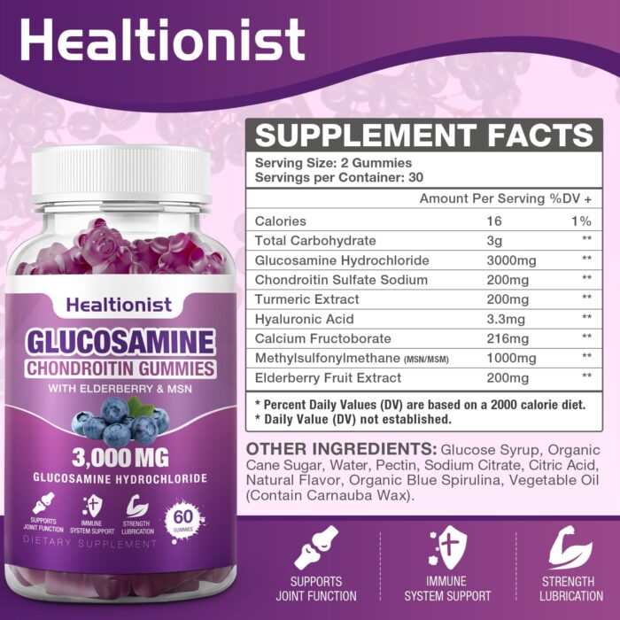2 Packs 3000mg Glucosamine Chondroitin Gummies with MSM & Elderberry - Extra Strength Joint Health, Flexibility, Antioxidant Immune Support Supplement Gummy for Adults, Men & Women 120 Cts - Image 3