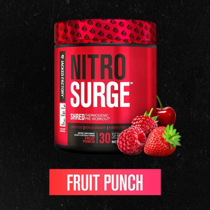 Jacked Factory NITROSURGE Shred Pre Workout Supplement - Energy Booster, Instant Strength Gains, Sharp Focus, Powerful Pumps - Nitric Oxide Booster & PreWorkout Powder - 30Sv, Fruit Punch - Image 4