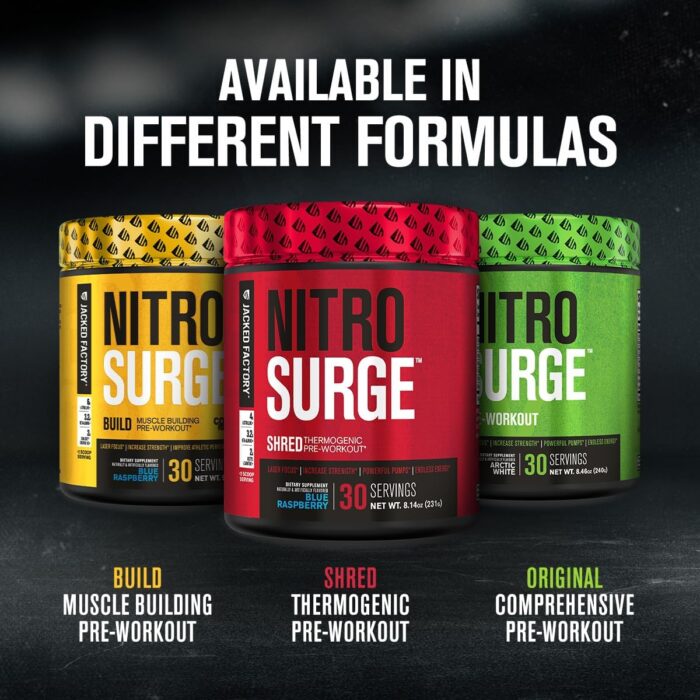 Jacked Factory NITROSURGE Shred Pre Workout Supplement - Energy Booster, Instant Strength Gains, Sharp Focus, Powerful Pumps - Nitric Oxide Booster & PreWorkout Powder - 30Sv, Fruit Punch - Image 7