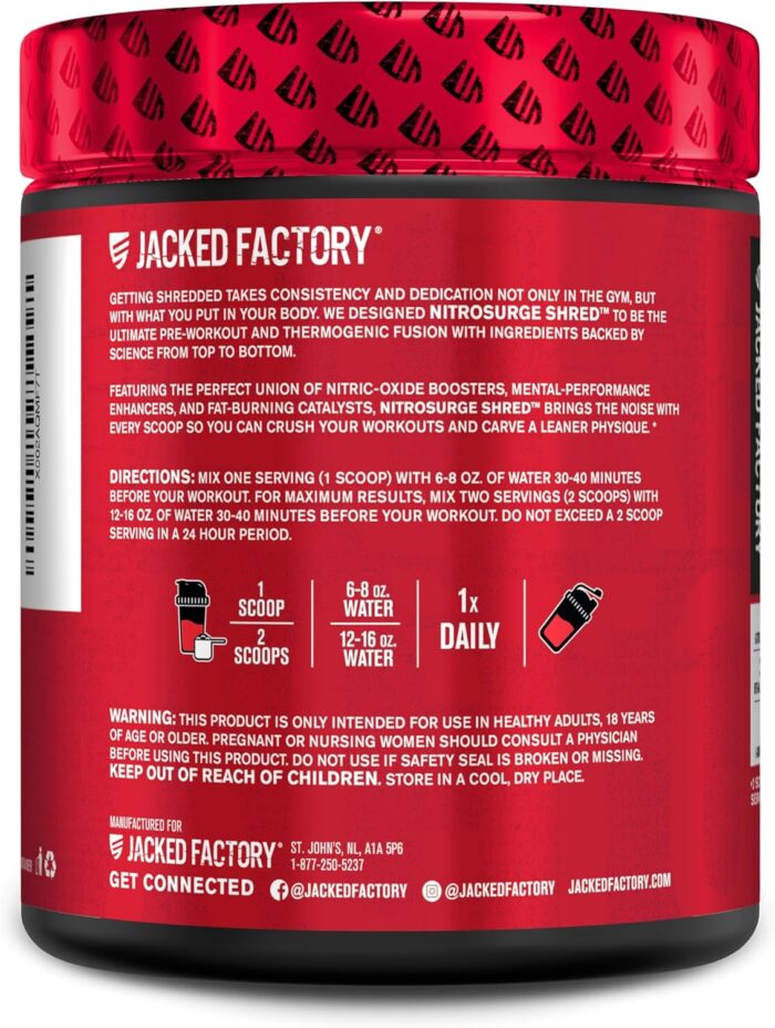 Jacked Factory NITROSURGE Shred Pre Workout Supplement - Energy Booster, Instant Strength Gains, Sharp Focus, Powerful Pumps - Nitric Oxide Booster & PreWorkout Powder - 30Sv, Fruit Punch - Image 8