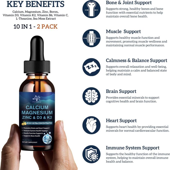 (2 Pack) 10 in 1 Magnesium Calcium Zinc Supplement with Vitamin C D3 K2, Glycinate Mag Vegan Liquid Drops Plus L-Theanine Boron Sea Moss Extract, Immune Support, Bone, Sleep & Leg Cramps, 1 Fl Oz - Image 3