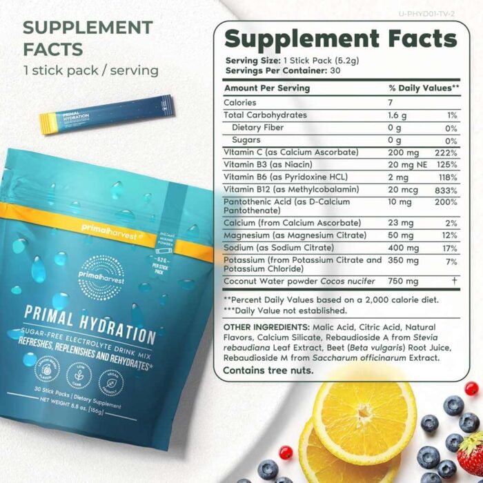 Primal Harvest Electrolytes Powder Packets Primal Hydration, Easy Open Packets, Energy Drink Mix (Lemon Berry, 30 Packs) (1 Bag) - Image 3