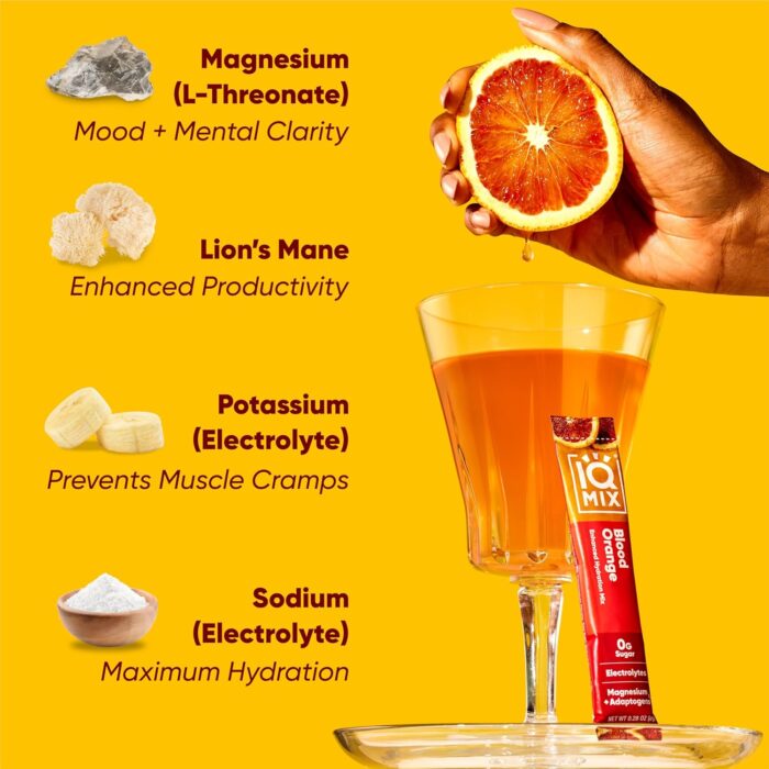 IQMIX Hydration Electrolyte Powder – 4-in-1 Formula for Hydration, Mental Clarity, Mood and Recovery – Sugar-Free Drink Mix, Keto, Magnesium L-Threonate, Lion’s Mane – 20 Count Blood Orange - Image 6