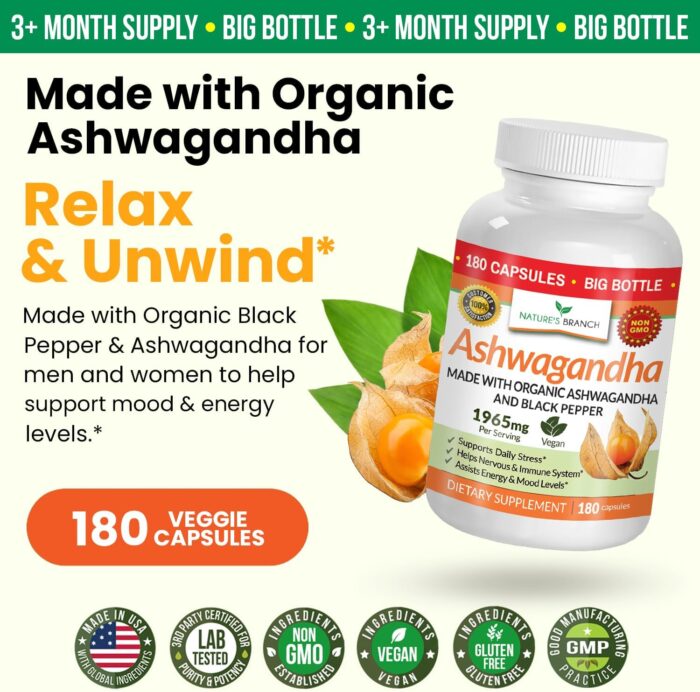 UDAF Verified Organic Ashwagandha with Black Pepper - 180 Capsules - 1965mg Extra Strength for Stress, Sleep, Mood, Thyroid, Focus, Hair, Vegan Pure Root Extract Powder - Men and Women Supplements - Image 3