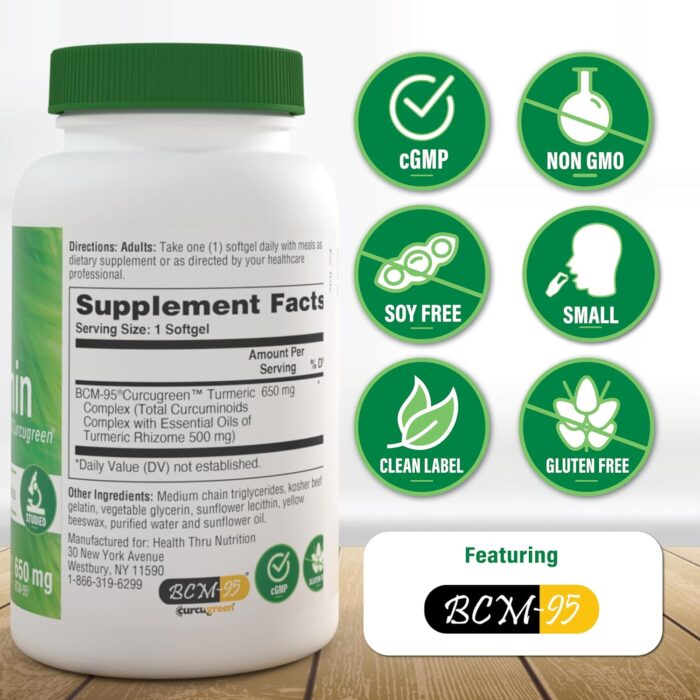 Health Thru Nutrition Curcumin 650mg BCM-95 Curcugreen | Turmeric Curcumin Complex | High Absorption | Healthy Inflammation Response | Clinically Studied | 3rd Party Tested | Non-GMO (Pack of 60) - Image 4