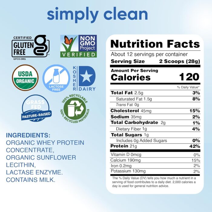 Simply tera's Lactose Free Organic Whey Protein - Unflavored Protein Powder, Plain Tasteless Protein Powder with 21g of Protein Per Serving, Non-GMO, Gluten-Free, rBGH-Free, Kosher, Organic - 12 Oz - Image 3