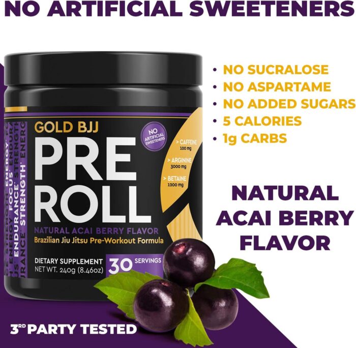 Gold BJJ PreRoll - Jiu Jitsu Pre Workout Supplement for Energy, Focus, and Endurance - Martial Arts Specific Pre-Workout Powder Formula with Natural Flavors (Acai Berry, 30 Servings) - Image 5