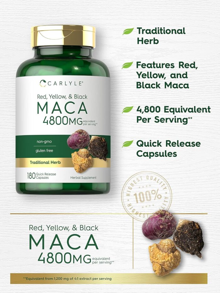 Carlyle Maca Root | Powder Capsules for Women & Men | 4800 mg | 180 Count | High Potency Extract | Non-GMO & Gluten Free Supplement - Image 4
