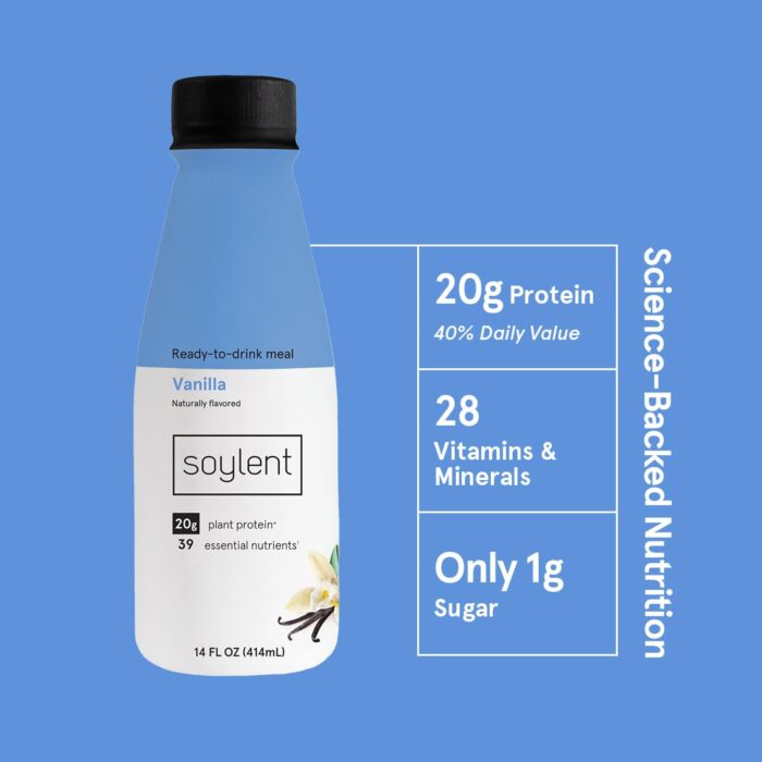 Soylent Vanilla Meal Replacement Shake, Ready-to-Drink Plant Based Protein Drink, Contains 20g Complete Vegan Protein and 1g Sugar, 14oz, 12 Pack - Image 3