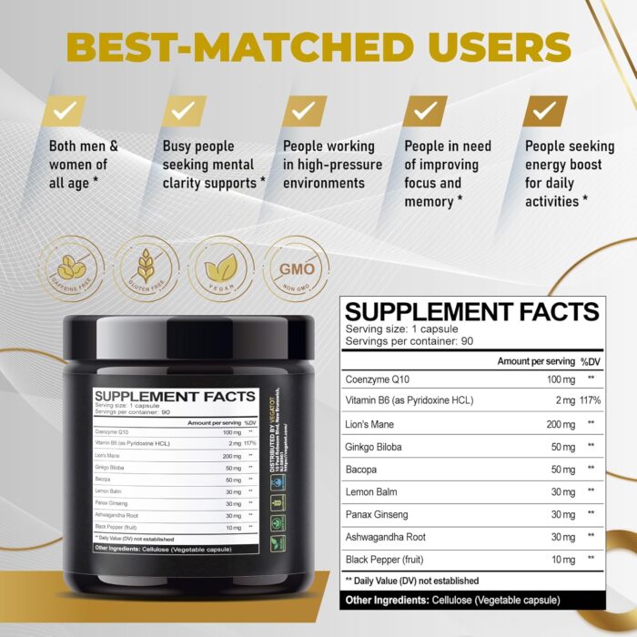 VEGATOT Brain Booster *USA Made and Tested* Brain Health Complex Supplement Concentrated with CoQ-10 VIT B6 Lion's Mane Ginkgo Biloba Lemon Balm Ginseng - Focus Memory Energy - Image 3
