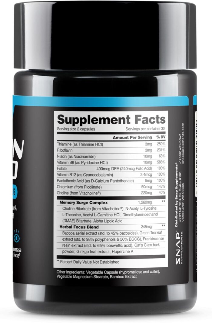 Snap Supplements Brain Booster Nootropics Supplement for Memory, Focus & Clarity, Bacopa Extract, Ginkgo Biloba, 60 Capsules - Image 11