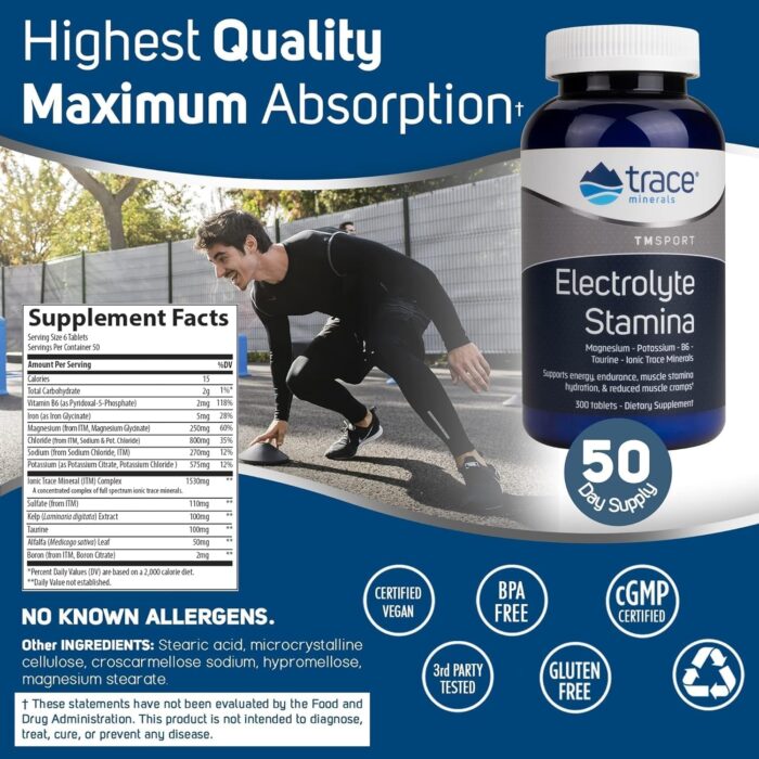 Trace Minerals Electrolyte Stamina - Heart Health & Hydration Support - Electrolyte Supplement Aids Muscle Cramp Relief & Endurance - Mineral Supplement with Magnesium - 300 Tablets (50 Servings) - Image 3