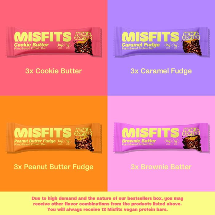Misfits Vegan Protein Bars - Updated Recipe | Plant Based, Low Sugar & Carb, High Fiber Snacks | Variety Pack of 12 (4 Flavors) - Image 3