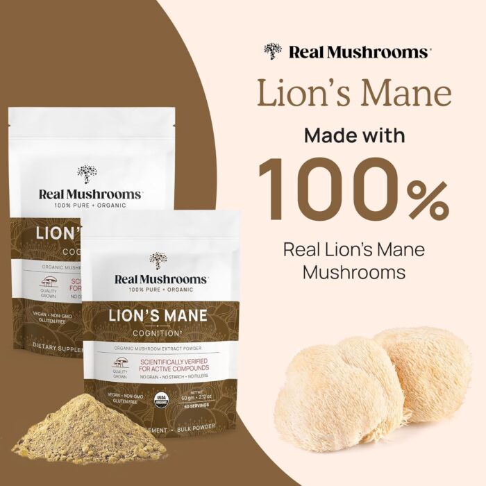Real Mushrooms Lions Mane Powder - Organic Mushroom Extract for Cognitive Function Immune Support Brain Supplements Memory and Focus Vegan Supplement, 150 Servings - Image 3
