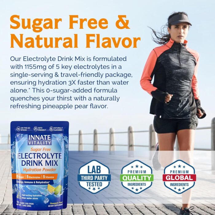 Innate Vitality Electrolytes Powder Packets, No Sugar, 5 Keto Electrolytes & Vitamins, Hydration Powder Packets, Easy to Dissolve, Natural Pineapple Pear Flavor, 16 Stickpacks - Image 6