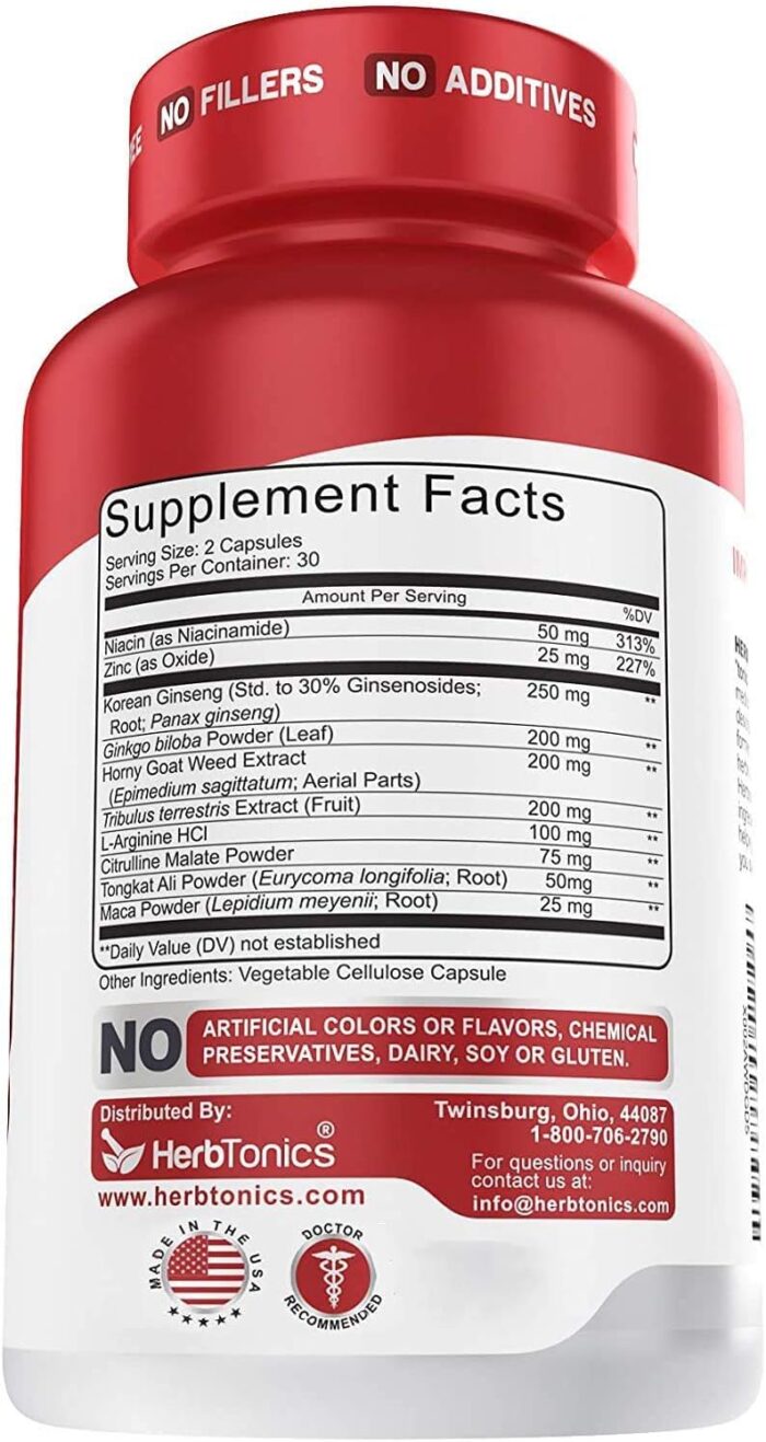 Herbtonics Testosterone Booster for Men Male Enhancing Pills - Enlargement Supplement Increase Size, Energy Strength & Stamina Enhancement Ginseng Pill & Tribulus Terrestris 60 Vegan Capsules - Image 4