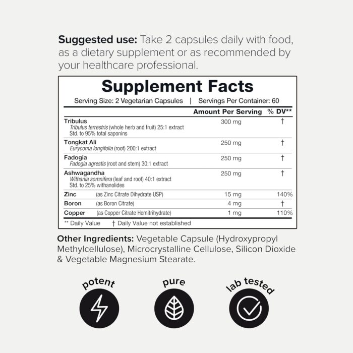 Elite T Formula - Ultra High Potency 200:1 Tongkat Ali, 30:1 Fadogia & 25% Withanolides Ashwagandha - Tribulus with 95% Saponins, Zinc, Boron & Copper - Third-Party Lab Tested - 120 Capsules - Image 3