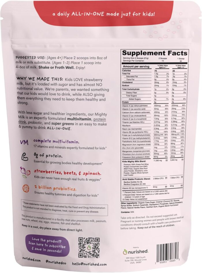 Mighty Strawberry Milk - Kids All-in-One Daily Protein Powder & Multivitamin Boosted with 2 Billion Probiotics & Organic Spinach - Natural Flavors, Colors & Sweeteners - 15-30 Servings - Image 3