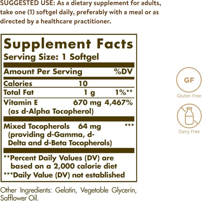 Solgar Vitamin E 670 mg (1000 IU), 100 Mixed Softgels - Natural Antioxidant, Skin & Immune System Support - Naturally-Sourced Vitamin E - Gluten Free, Dairy Free - 100 Servings - Image 3