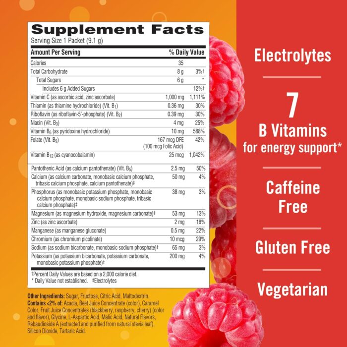 Emergen-C 1000mg Vitamin C Powder, with Antioxidants, B Vitamins and Electrolytes, Supplements for Immune Support, Caffeine Free Fizzy Drink Mix, Raspberry Flavor - 30 Count/1 Month Supply - Image 7