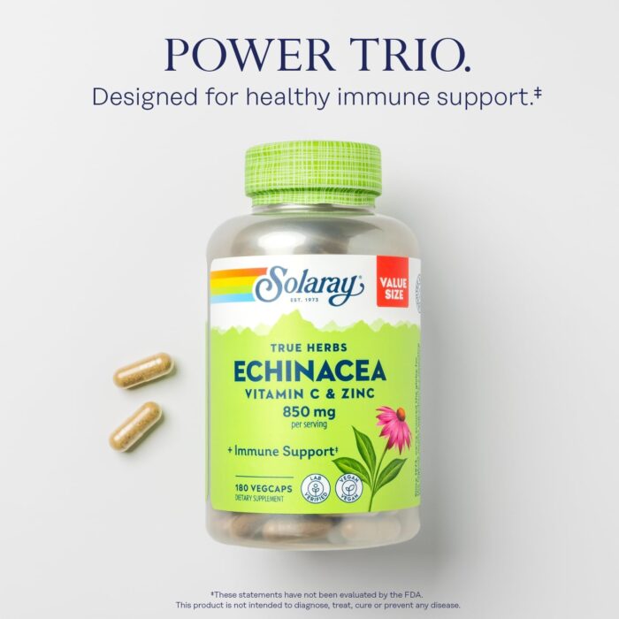 SOLARAY Echinacea Vitamin C & Zinc 850mg Plus Bioflavonoids, Echinacea Capsules for Healthy Immune Support, Vegan, Lab Verified, 60-Day Money-Back Guarantee, 90 Servings, 180 VegCaps - Image 4