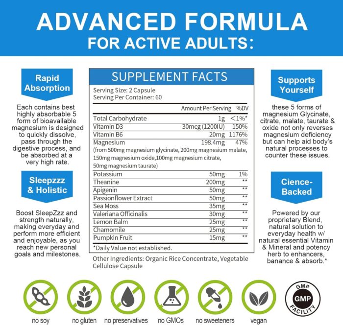 Magnesium Complex Chelated Magnesium Glycinate w/Malate, Taurate& Herbal Extracts for Support Sleep, Muscle,Cortisol & Heart Health, Gluten Free, Vegan, Non GMO, High Absorption,120 Capsules - Image 3