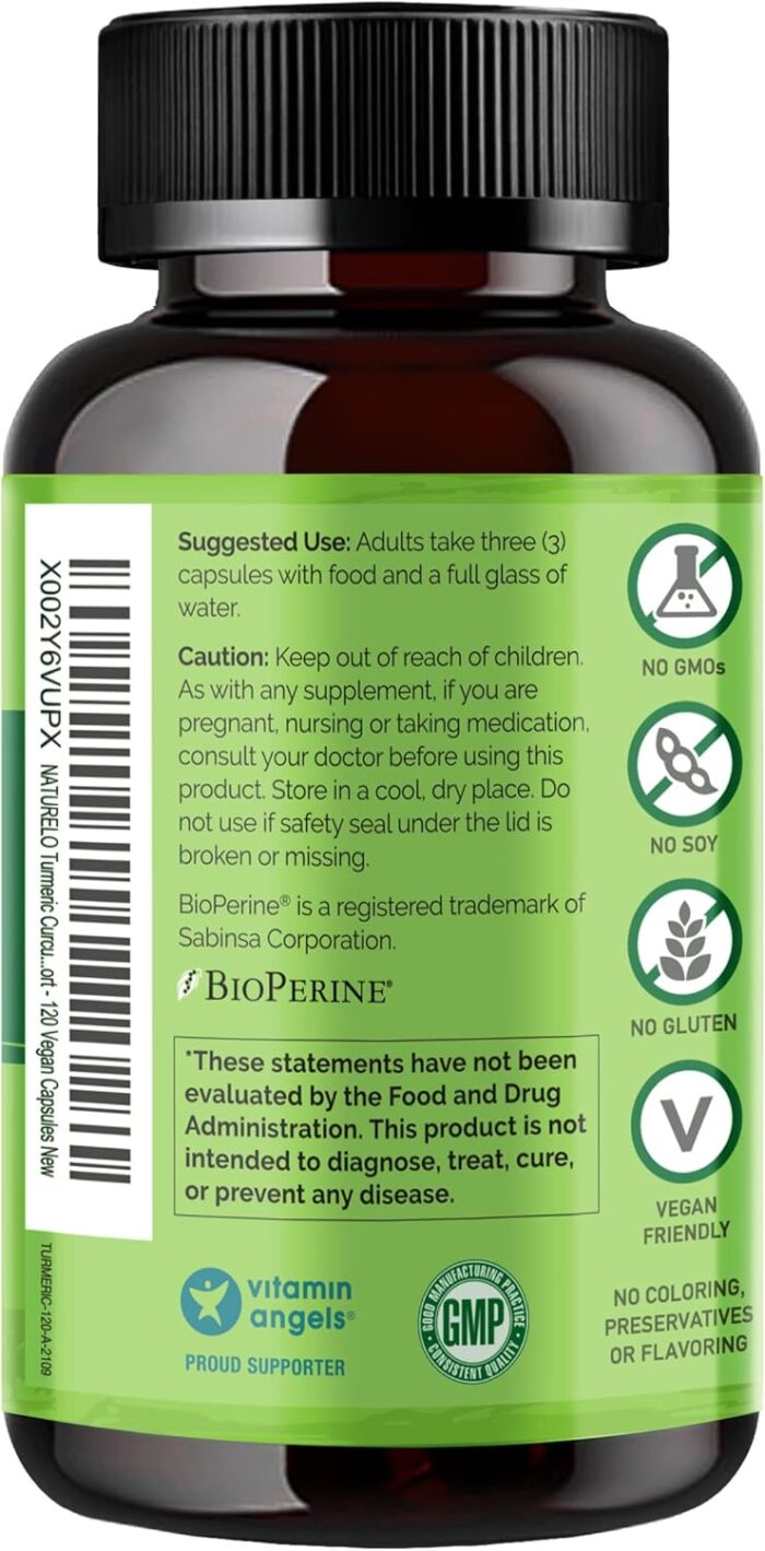 NATURELO Turmeric Curcumin - BioPerine for Better Absorption - Black Pepper, Ginger Root, Curcuminoids - Plant-Based Joint Discomfort Support - 120 Vegan Capsules - Image 3