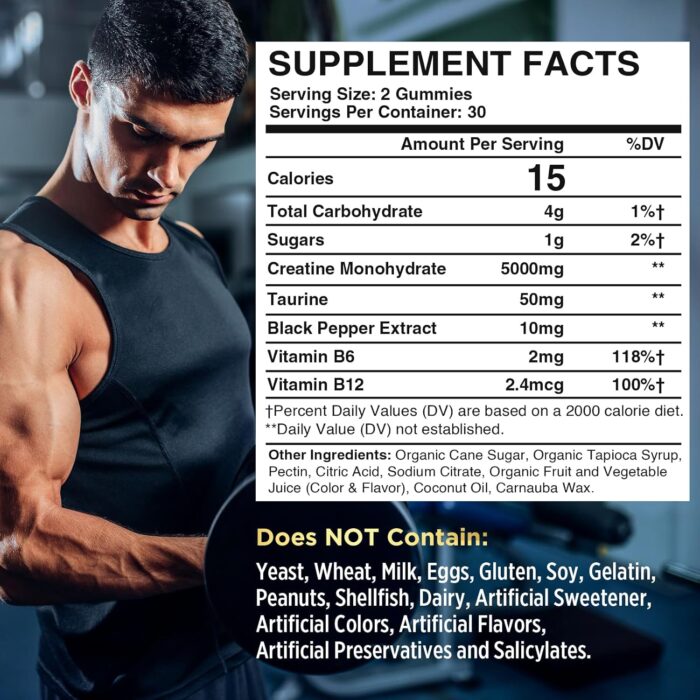 Creatine Monohydrate Gummies for Men & Women Pre Workout Gummies with Taurine, Vitamin B6 & B12 Creatine Monohydrate Chewable for Increase Strength, Energy, Endurance, Muscle, Organic (2 Packs) - Image 3