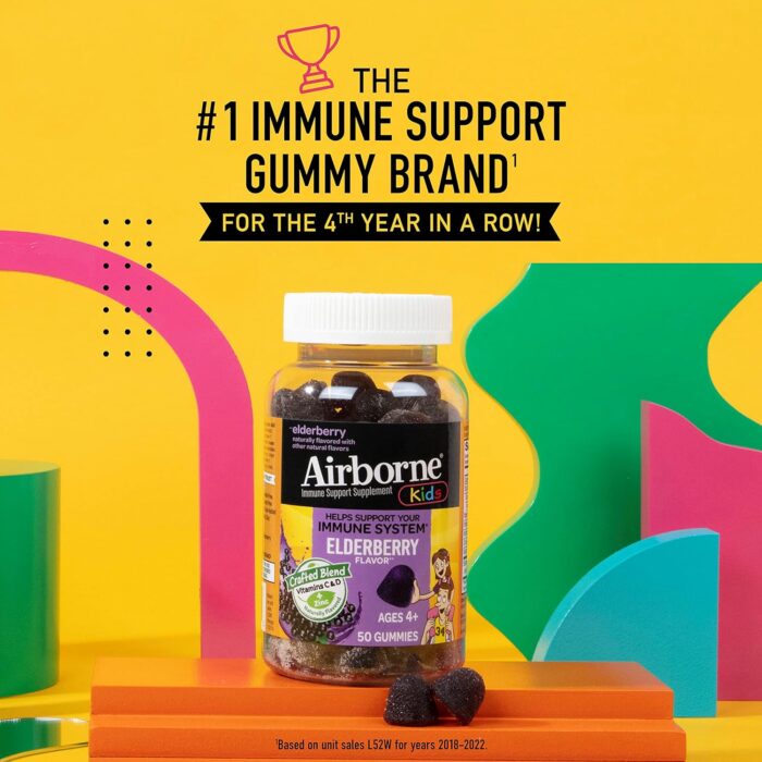Airborne Kids Elderberry + Zinc & Vitamin C Gummies, Kids Immune Support with Powerful Antioxidants VIT D & E - 50 Gummies, Elderberry Flavor - Image 3