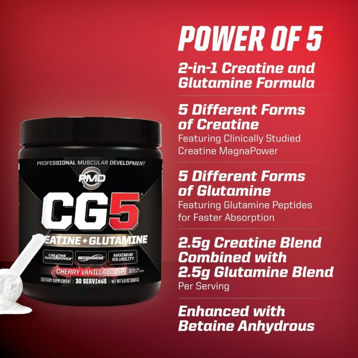 PMD Sports CG5 - Premium Creatine and L Glutamine Powder - Maximum Strength Power Recovery, Build Lean Muscle, Increase Performance - Pre-Workout and Post Workout - Cherry Vanilla Slush (30 Servings) - Image 3