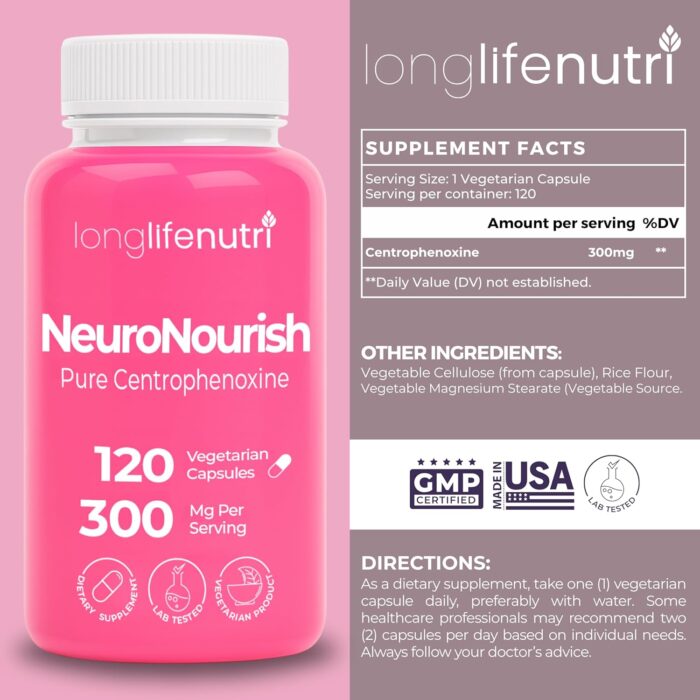 NeuroNourish (Centrophenoxine) 300mg - DMAE & pCPA, 120 Vegetarian Capsules, 4-Month Supply, Natural Nootropic for Strengthening Memory, Focus, & Cognitive Function, GMP Certified, Made in USA - Image 3