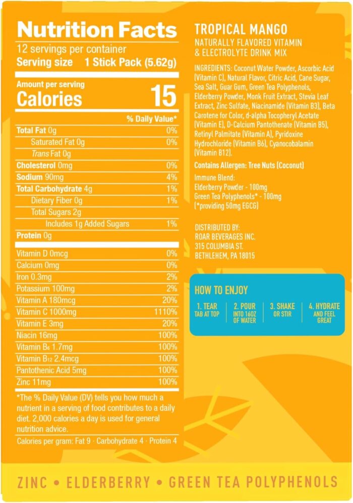 ROAR Immune Support Powder - Hydration Packets with Zinc and Elderberry - Electrolytes Powder - No GMOs, Gluten Free - Tropical Mango - 12 pc - Image 3