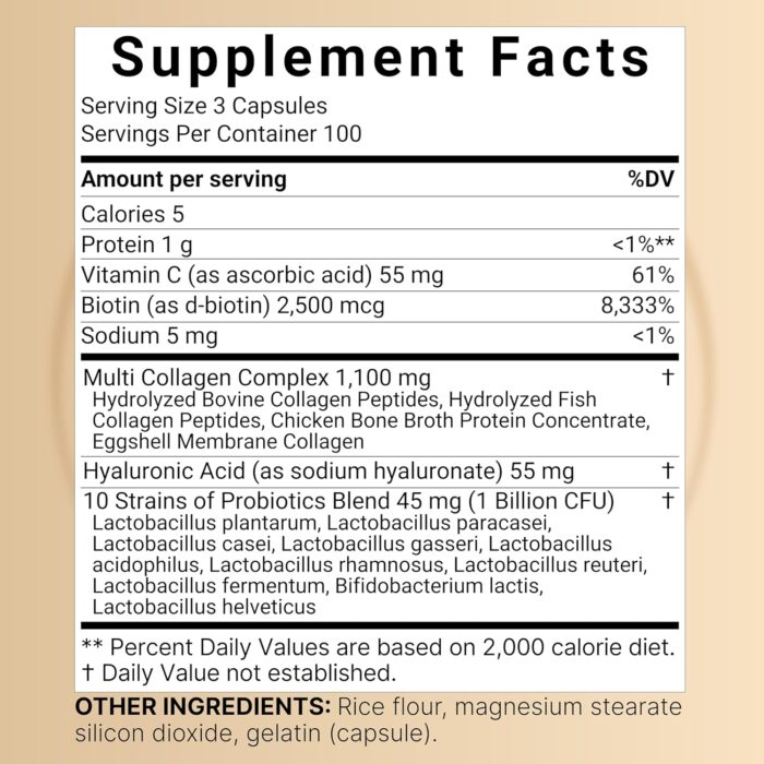 NatureBell Multi Collagen Complex, 300 Capsules | 5 Collagen Peptides (Type I, II, III, V, X) Plus Hyaluronic Acid, Biotin, Vitamin C, & Probiotics – Hair, Skin, Nail, Joint, & Gut Health Support - Image 3